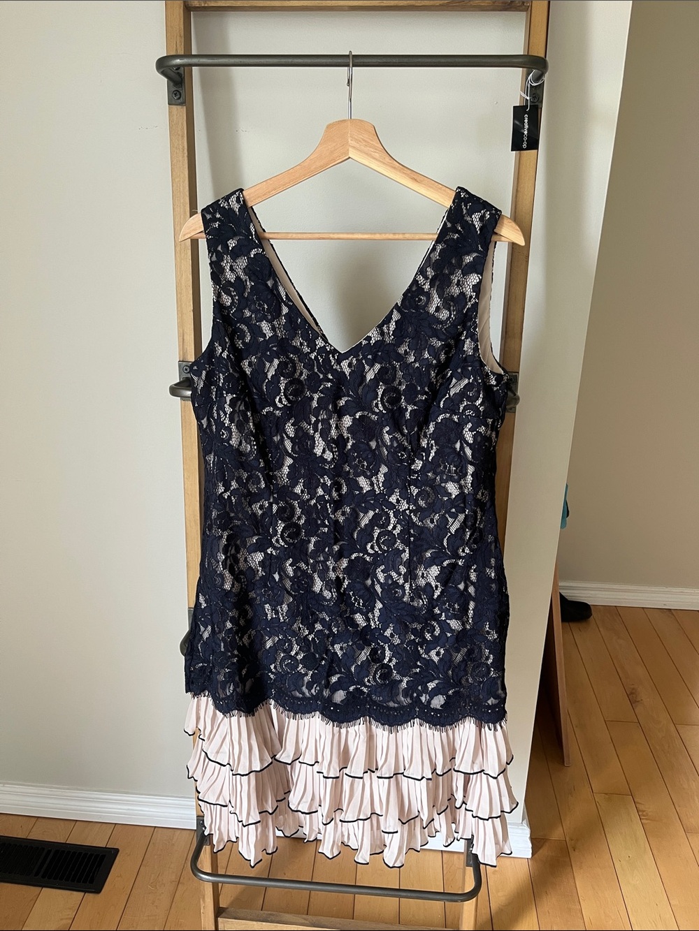 Frank Lyman Design Navy Lace Midi Dress with Cream Ruffle Hem